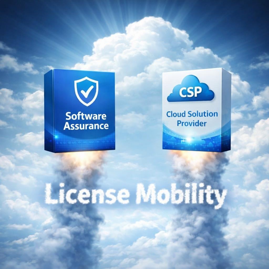 Boxes labeled Software Assurance and Cloud Solution Provider on a futuristic train track