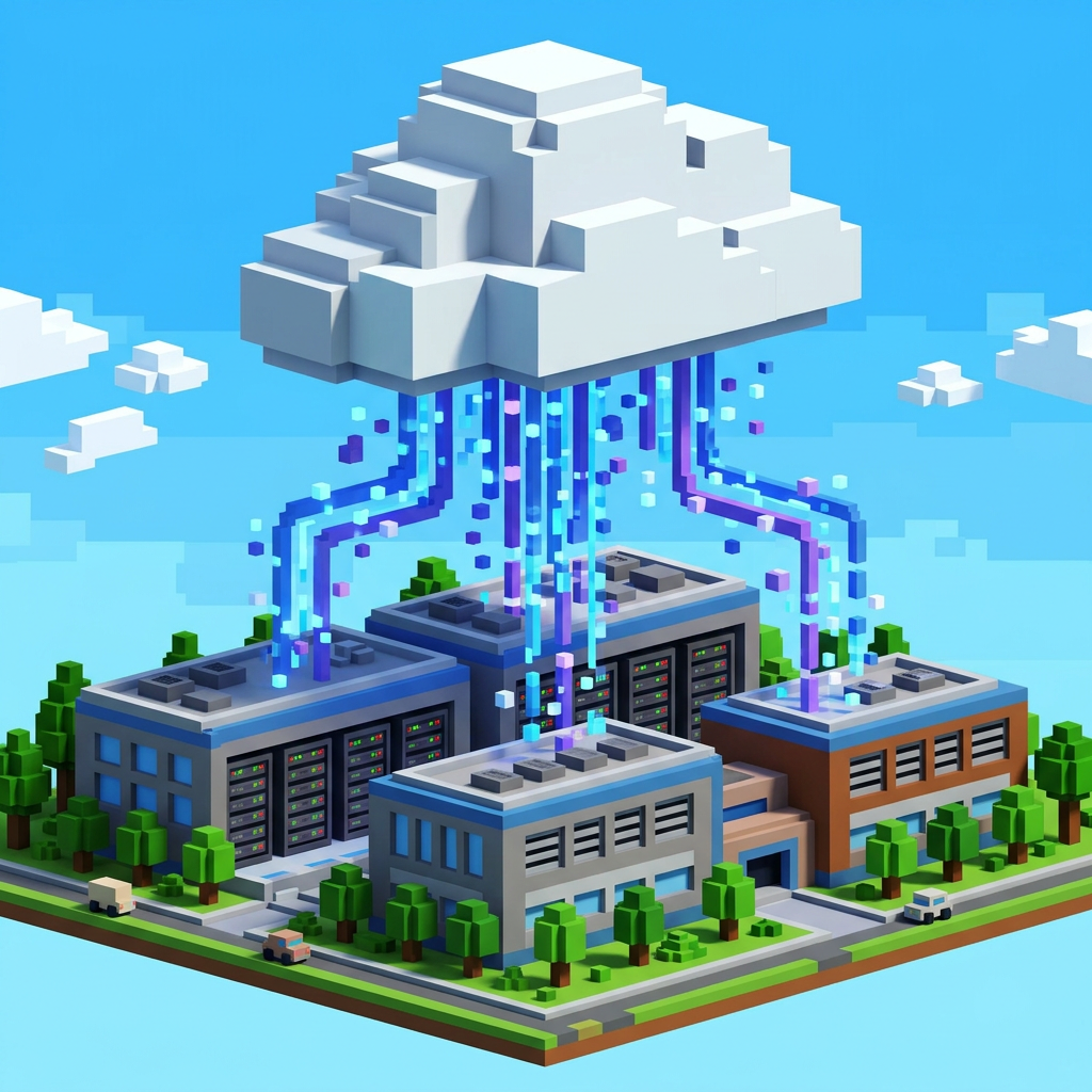 Pixel art style cloud above data center buildings with digital data streams connecting them