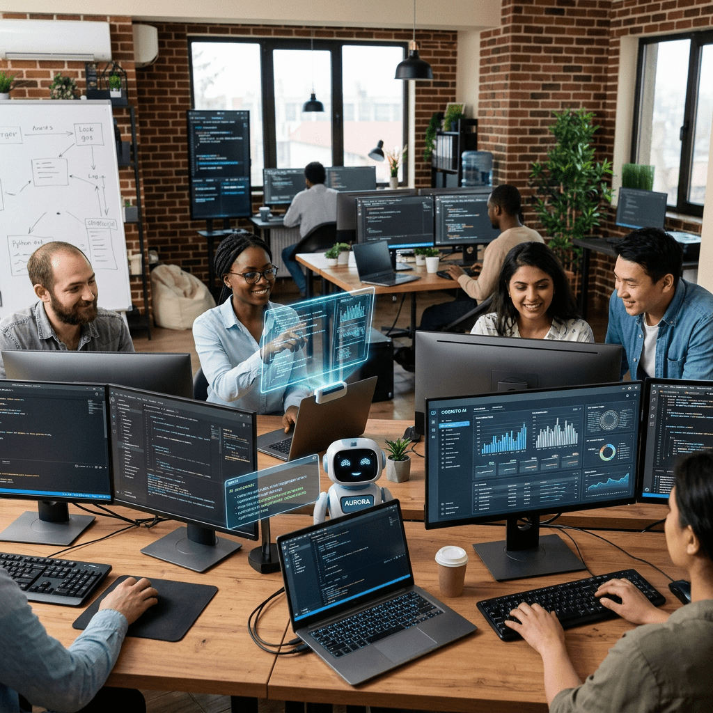 Software developers collaborating with multiple monitors and AI interface holograms in an open office
