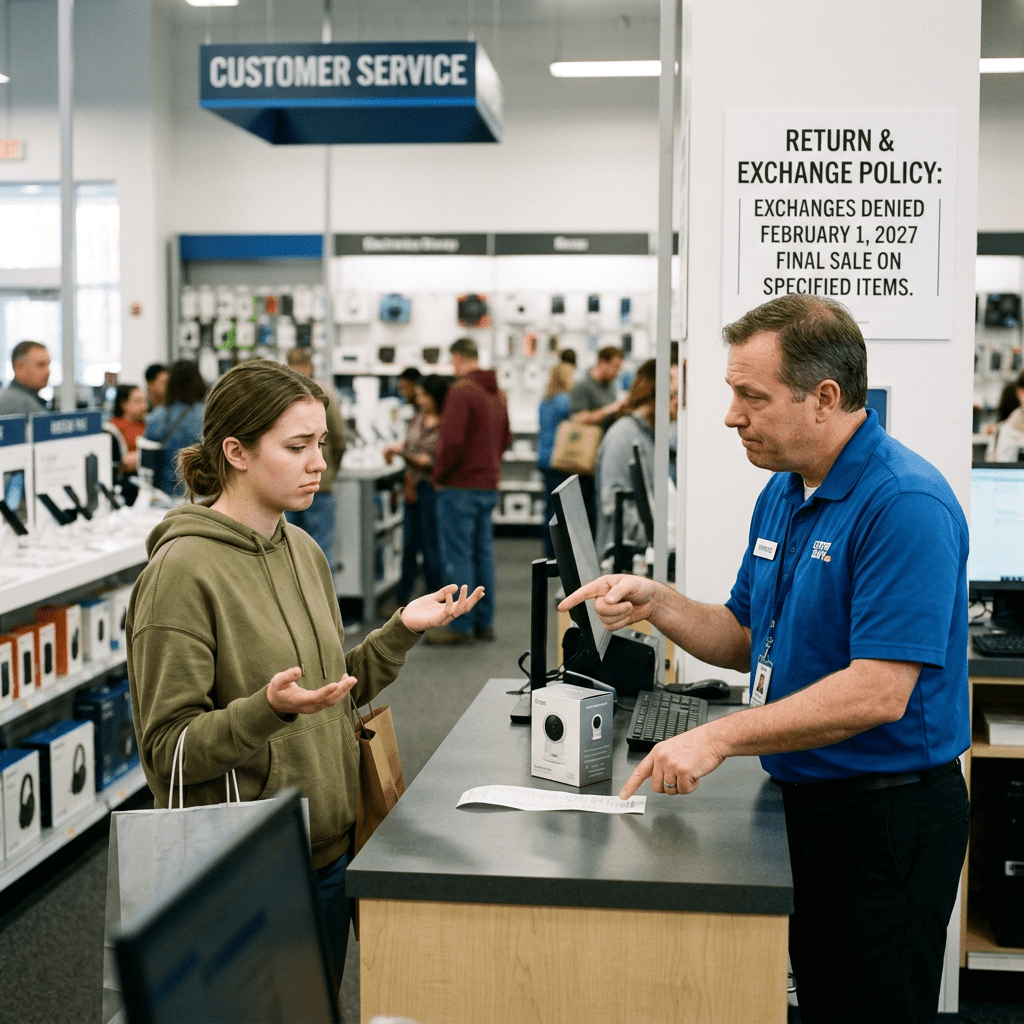 Customer and store employee discussing a receipt at customer service counter