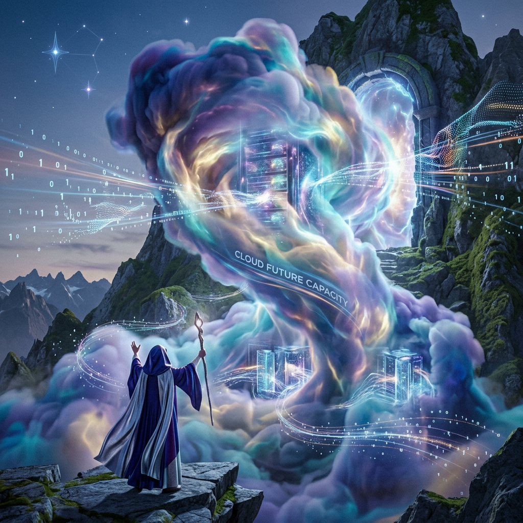 A robed figure faces a glowing cloud gateway labeled CLOUD FUTURE CAPACITY