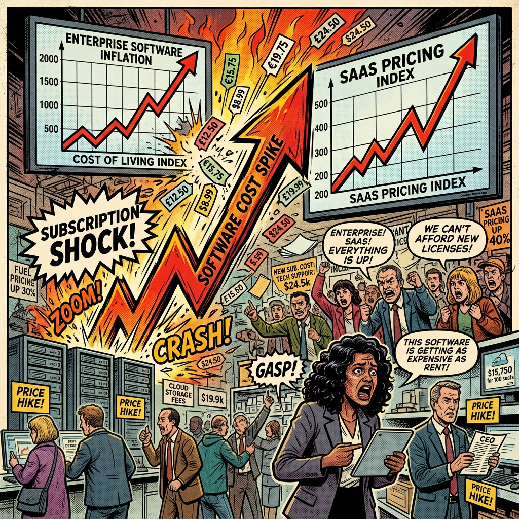 Comic-style inflation charts, rising prices, and distressed shoppers in a supermarket
